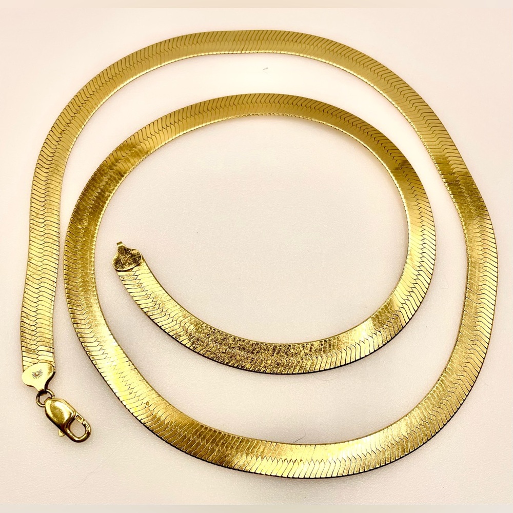 Gold Plated Long Wide Herringbone Signed 925 Italy 30” Necklace Sterling Estate